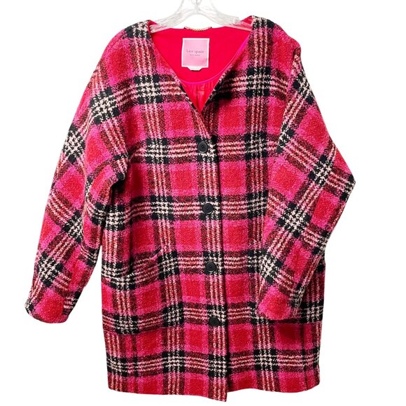 Kate Spade Foliage Plaid Sugarcoat Plush Wool Women’s Size Large Red Pink Black - Picture 2 of 9